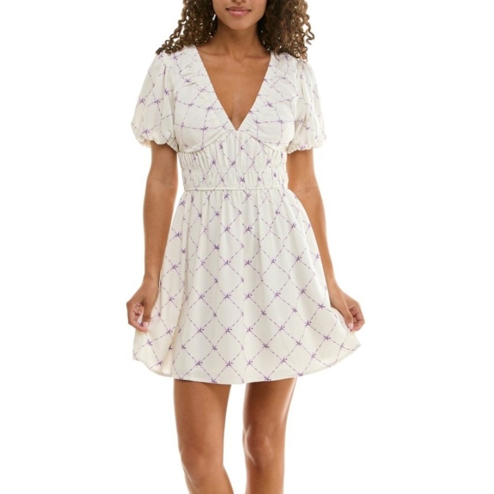 Trixxi Mini Dress Women XS New Purple Bow Lattice Linen Blend Open Back MSRP $59